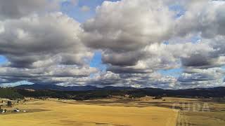 view of fields and puffy clouds